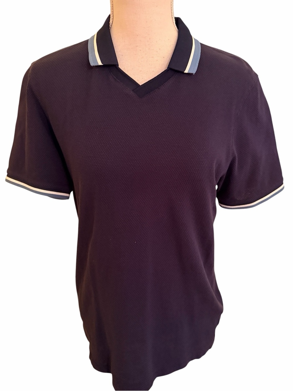 Ted Baker London Navy Blue CottonTextured Short Sleeve Polo Shirt Contrast Trim